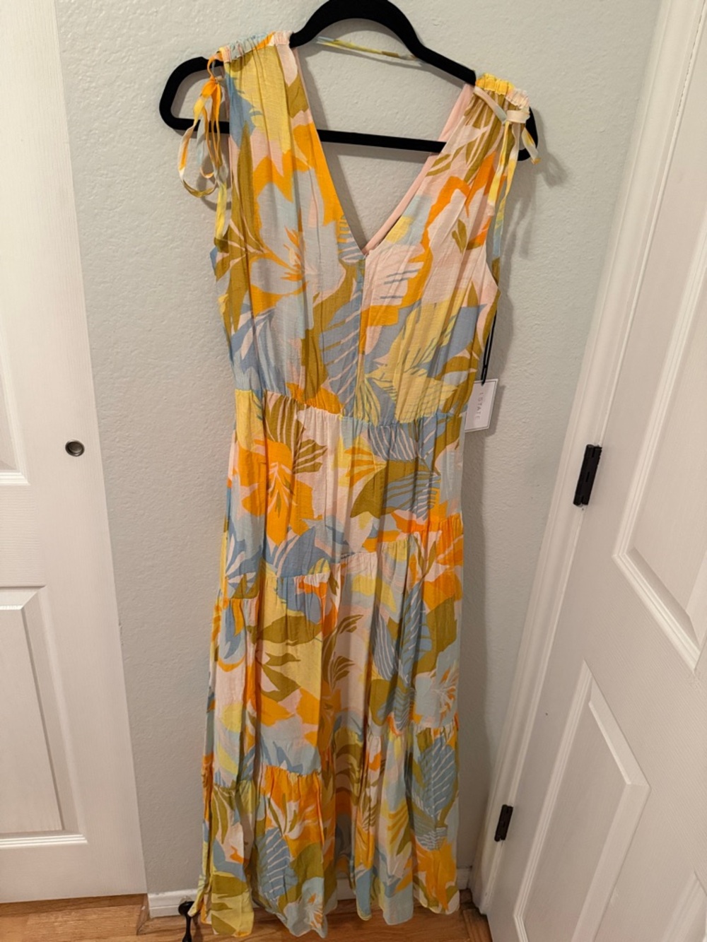 1. State Yellow, Blue & Olive Floral Tie-Shoulder Maxi Dress
